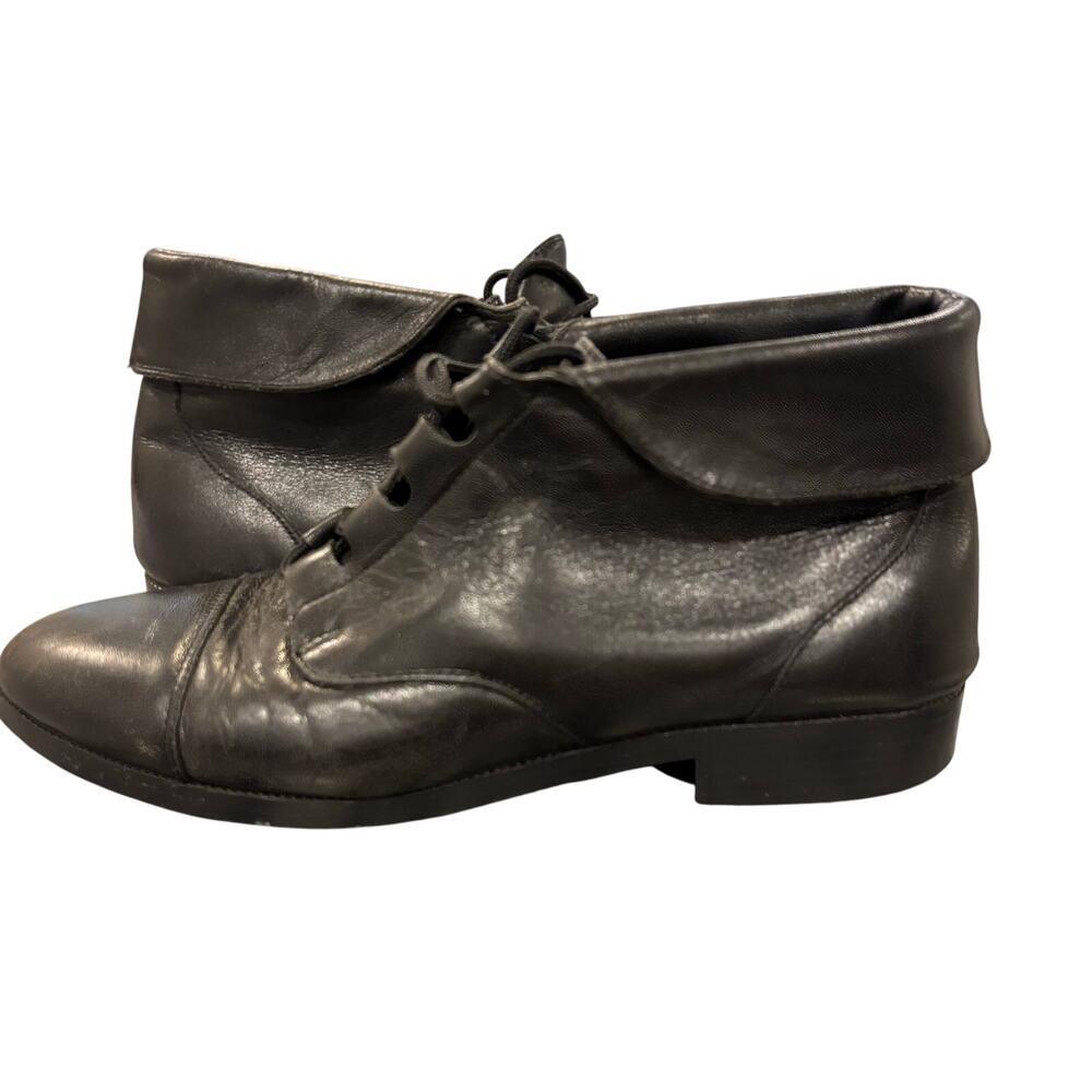 Y2K 90s VTG Prima Royale Black Leather Lace-Up Granny Ankle Boots, size 8